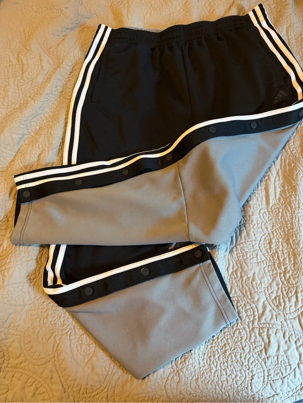 Adidas men’s  Black Snap-Trim Track Pants with Classic 3 White Stripes